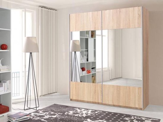 Kledingkast met schuifdeuren - Kledingkast met spiegel - Sonoma - Planken - Kledingroede - Ruime kledingkast - 175 cm