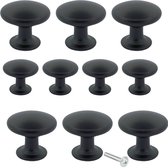 Tien ronde, zwarte meubelknoppen met een diameter van 27mm en schroefjes.