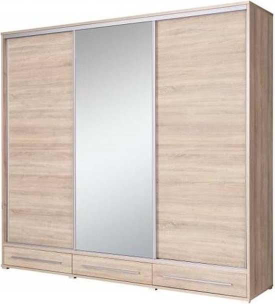 Kledingkast met schuifdeuren - Kledingkast met spiegel - Sonoma - Planken - Kledingroede - Lade - Ruime kledingkast - 255 cm