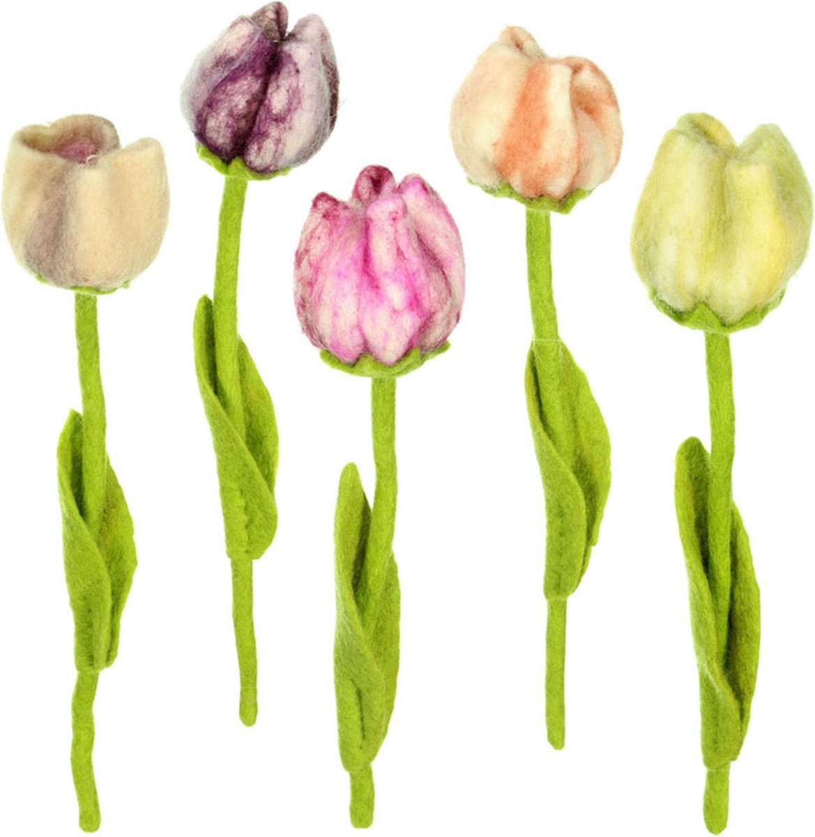 Bloemen Vilt - Tulpen Kleuren Assorti - Set 5 stuks - 40cm - Fairtrade Sjaalmetverhaal