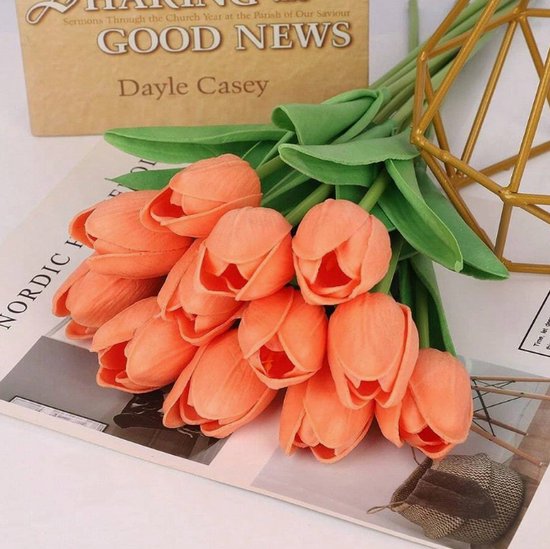 Real Touch Tulips - Diep Oranje - Real Touch Tulpen - Deep Orange - Tulpen - Kunstbloemen - Kunst Tulpen - Kunst Boeket - Tulp - 36 CM - Zijden Bloemen - Latex Bloem - Bruiloft - Voorjaar - Lente
