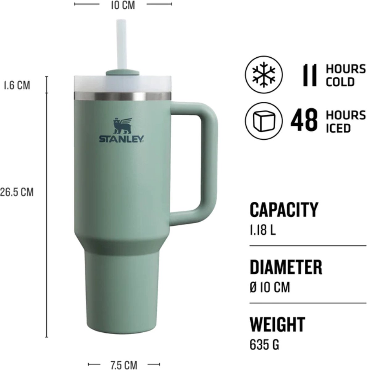 Stanley Quencher H2.O FlowState™ Roestvrijstalen vacuüm-geïsoleerde beker met deksel en rietje, voor water, ijsthee of -koffie, smoothie en meer, as, 414 ml