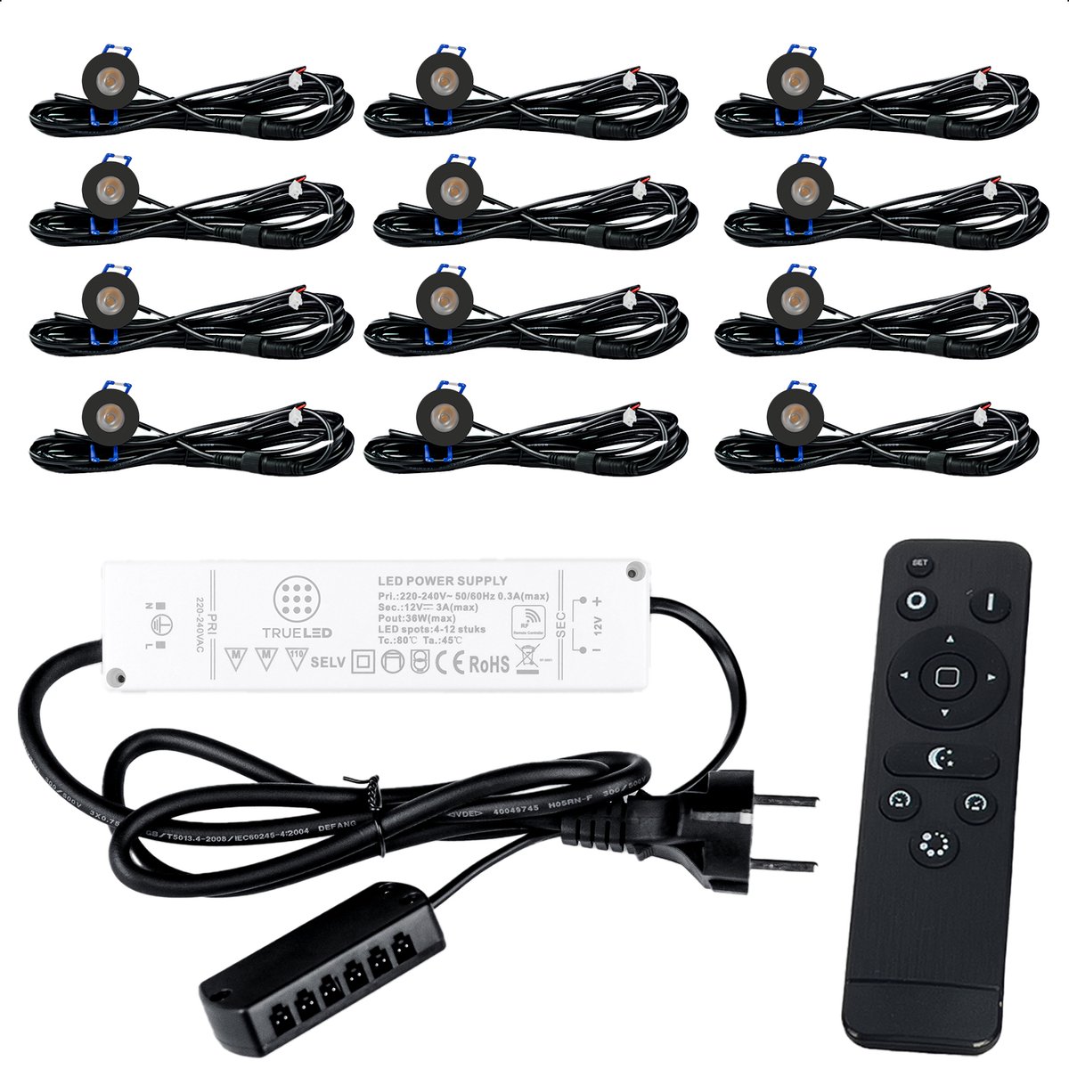 TrueLED Compact Black - Inbouw LED Spot Dimbaar voor Overkapping - IP65 Verlichting voor Veranda - Complete set van 12 LED Spots