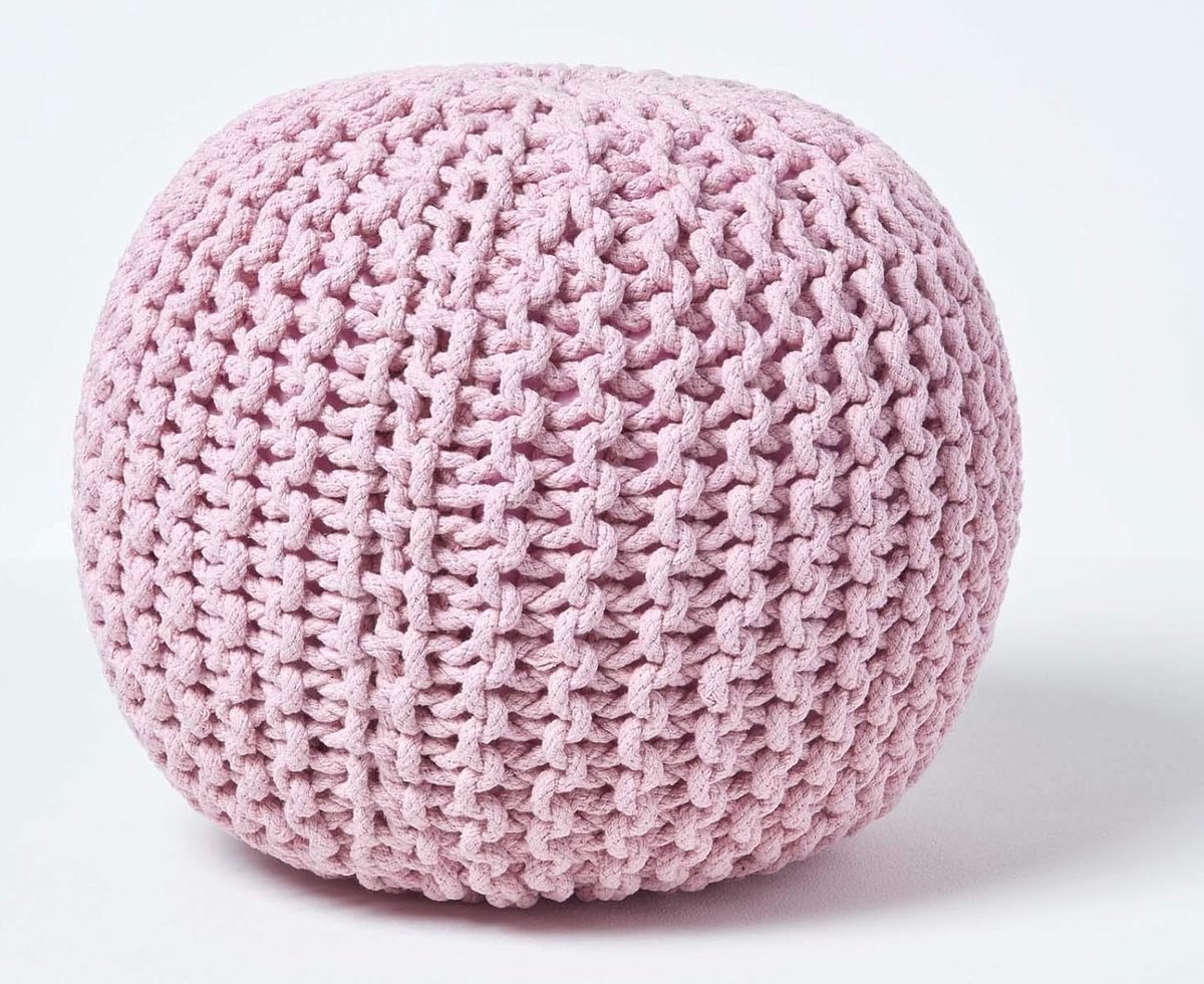 Unyqoos Poef gebreide poef, rond vloerkussen, zitpoef, 35 x 40 cm, gevoerde poef, poef met grof gebreide overtrek van 100% katoen, gebreide poef, roze/lichtroze