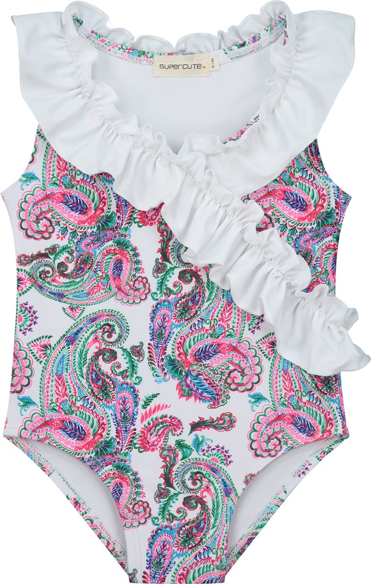 Supercute baby badpak wit paisley met witte ruffels maat 68/74