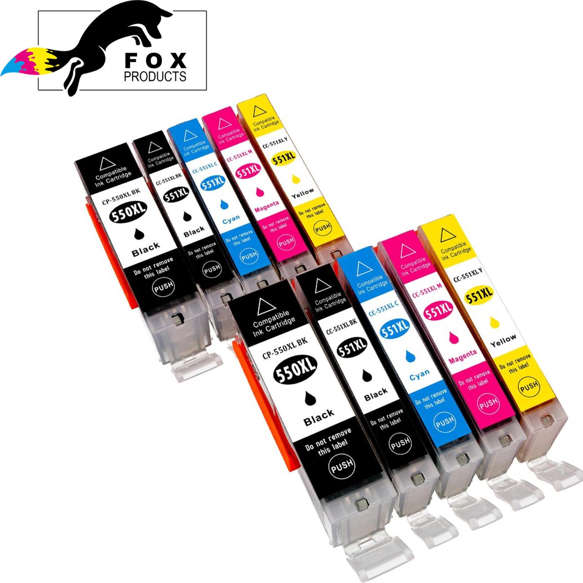 FoxProducts® 10x PGI-550XL / CLI-551XL, 550xl / 551xl multipack inktcartridges geschikt voor Canon Pixma IP7250, IP8750, IX6850, MG5450, MG5550, MG5600, MG5650, MG5655, MG6350, MG6450, MG6600, MG6650, MG7150, MG7550, MX720, MX925