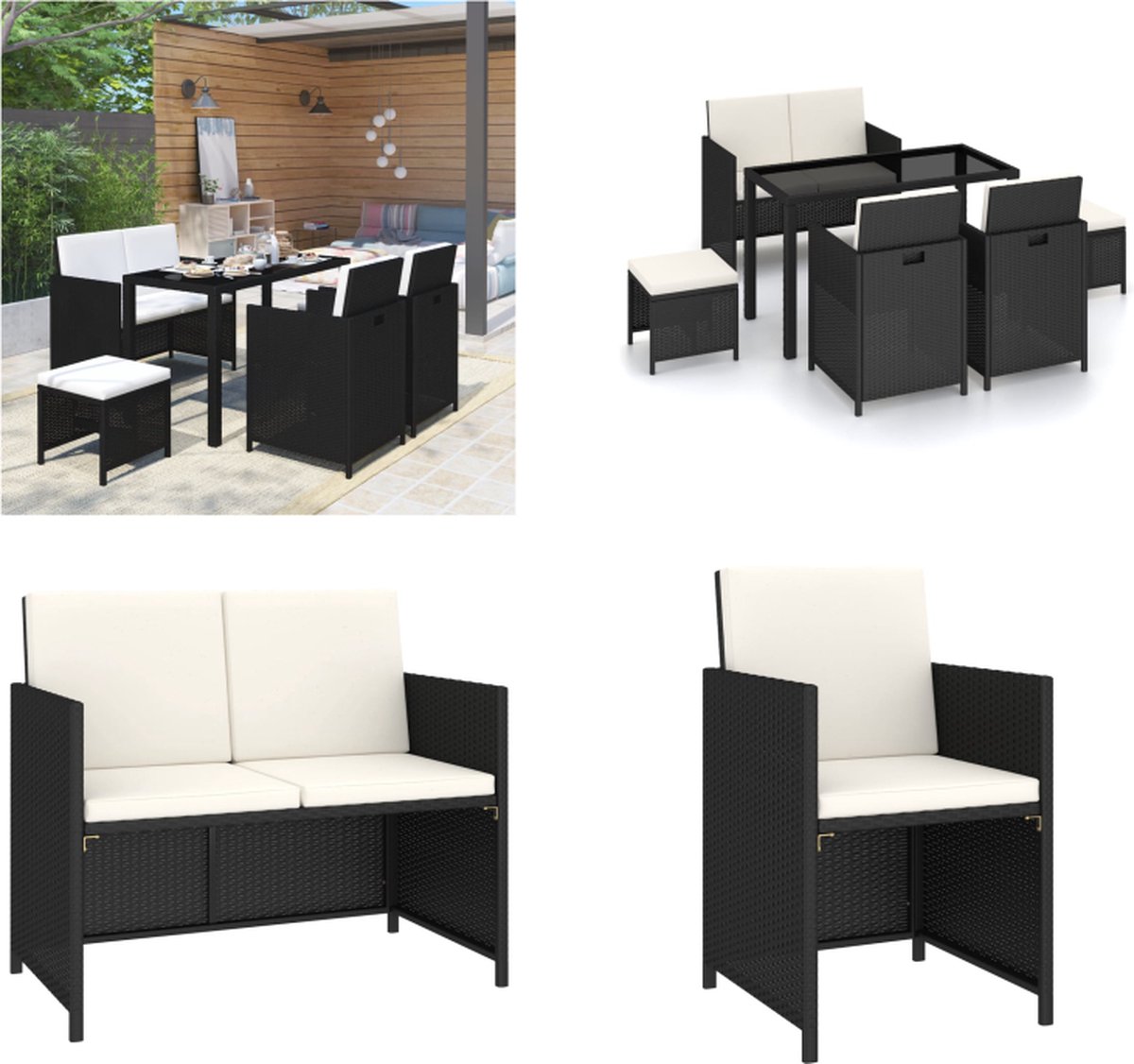 VidaXL 6-delige Tuinset met kussens poly rattan zwart Eethoek Voor Buiten Eethoeken Voor Buiten Tuintafel En Stoel Tuintafels En Stoelen