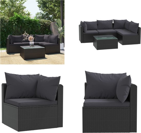 vidaXL 5-delige Loungeset met kussens poly rattan zwart - Tuinset - Tuinsets - Tuinbank - Tuinbanken