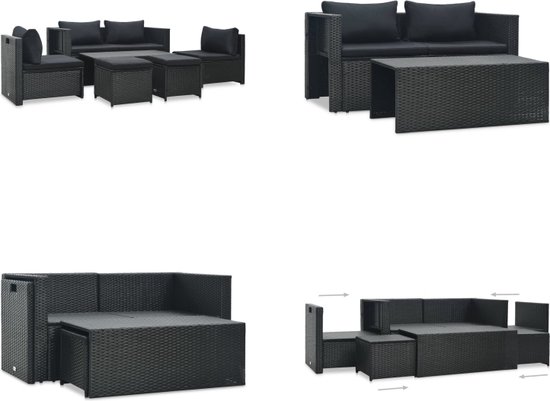 vidaXL 6-delige Loungeset met kussens poly rattan zwart - Tuinbankenset - Tuinbankensets - Tuinbanken Set - Tuinbanken Sets
