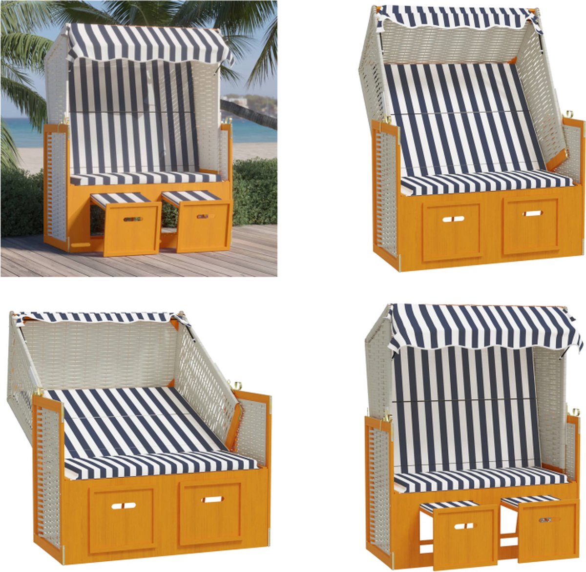 VidaXL Strandstoel met luifel poly rattan en massief hout wit en blauw Strandstoel Strandstoelen Strandkorb Zitstoel