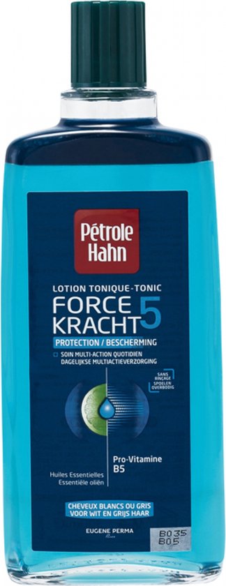 Lotions tonique Pétrole Hahn FORCE 5, bouteille bleue, avec Pro-Vitamine B5, soin multi-actions quotidien pour cheveux blancs ou gris.