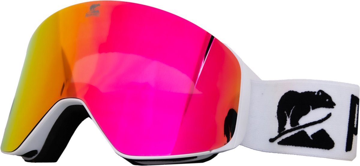 Luxe Magnetische Snowboardbril / Skibril Roze Lens Wit Frame + Beschermcase & Microfiber hoes - PolarShred - Anti fog - Cat.3 - 100% UV Bescherming - VLT 16%