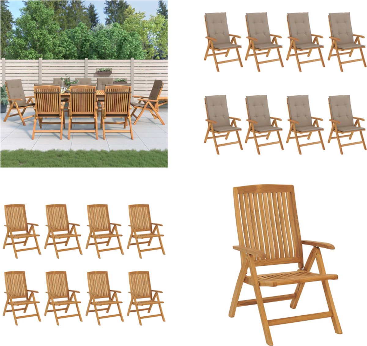 VidaXL Tuinstoelen 8 st verstelbaar met kussens massief teakhout Tuinstoel Tuinstoelen Campingstoel Standenstoel