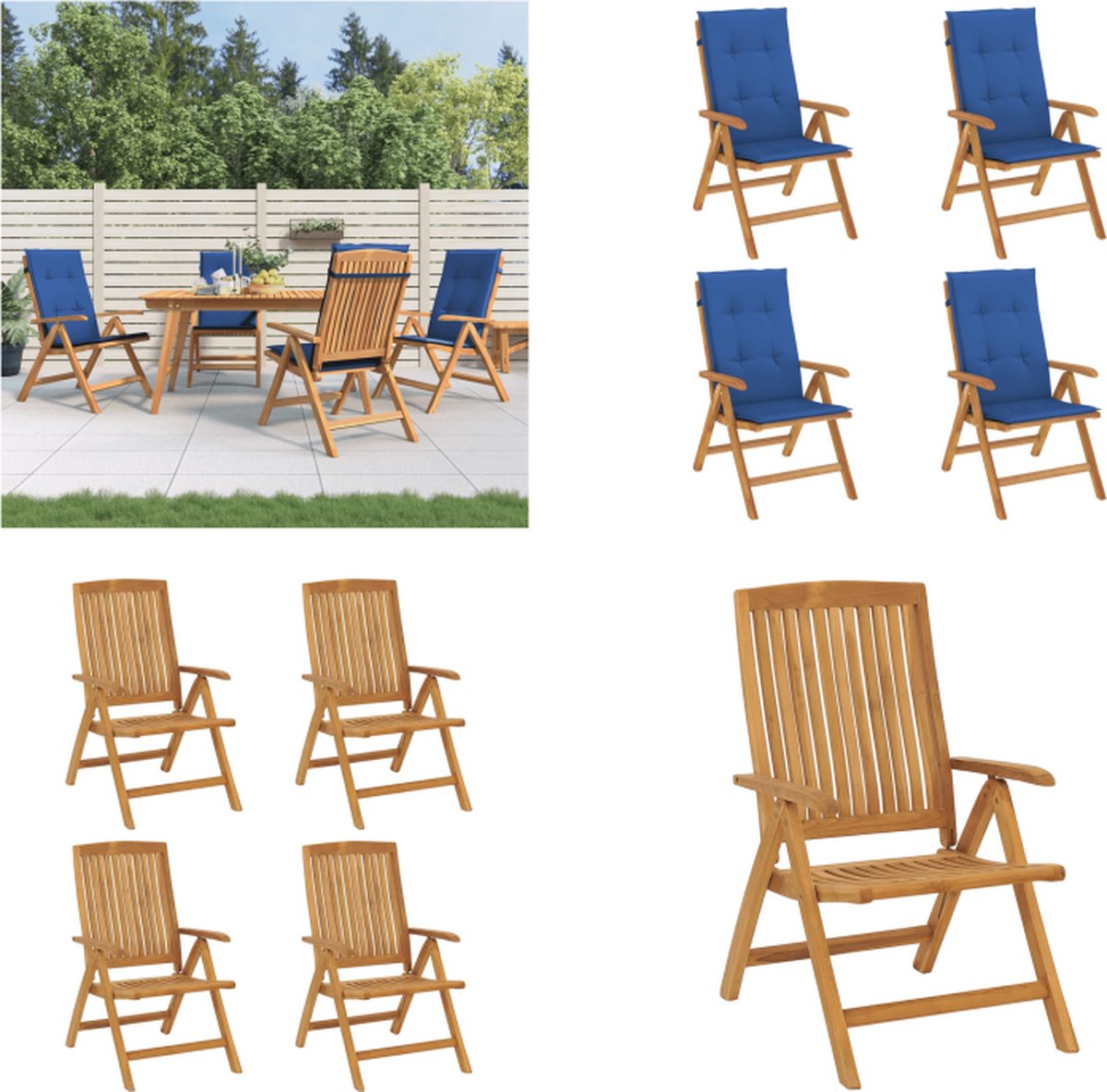 VidaXL Tuinstoelen 4 st verstelbaar met kussens massief teakhout Tuinstoel Tuinstoelen Campingstoel Standenstoel