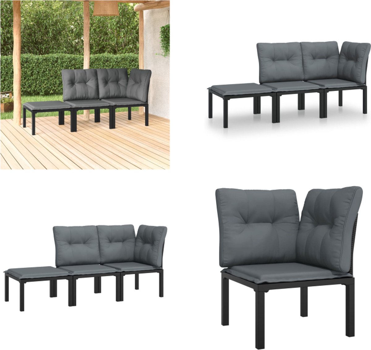 vidaXL 3-delige - Loungeset - met - kussens - poly - rattan - zwart - en - grijs