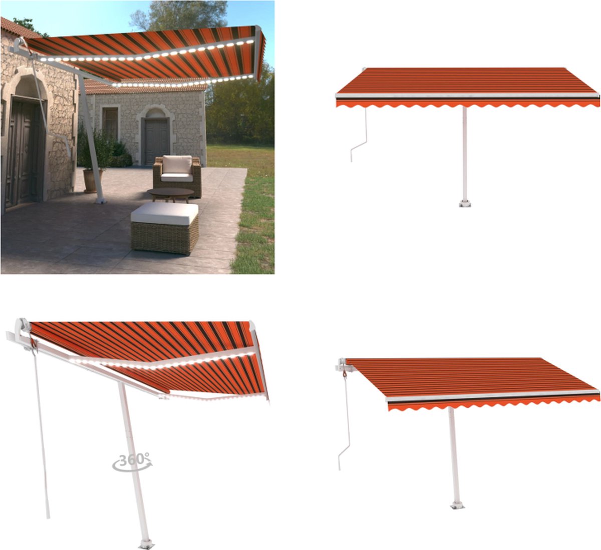 VidaXL Luifel automatisch met LED windsensor 450x350 cm oranje bruin Uitschuifbare Luifel Uitschuifbare Luifels Uittrekbare Luifel Uittrekbare Luifels