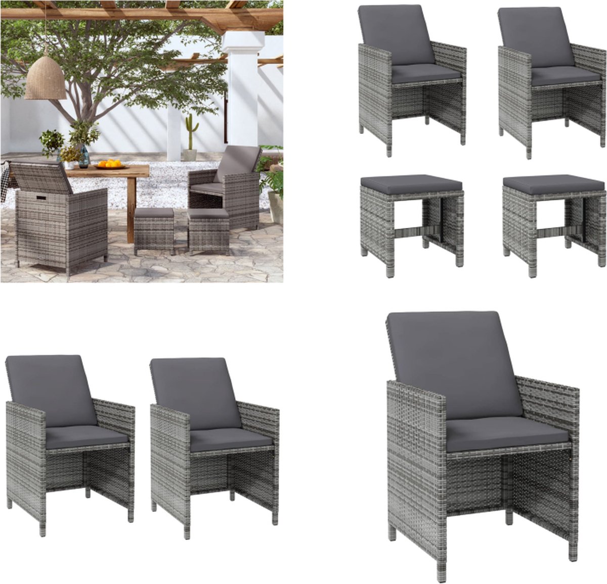 VidaXL 4-delige Tuinstoelen- en voetenbankenset poly rattan grijs Tuinstoel En Voetenbank Tuinstoelen En Voetenbanken Tuinstoel Voetenbank