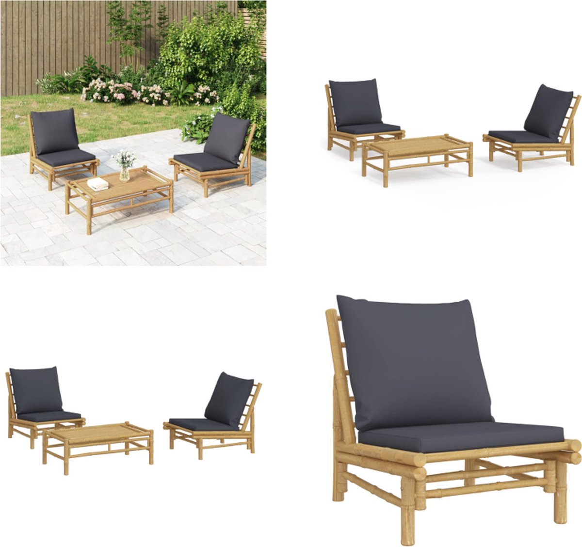 vidaXL 3-delige - Loungeset - met - kussens - bamboe - donkergrijs