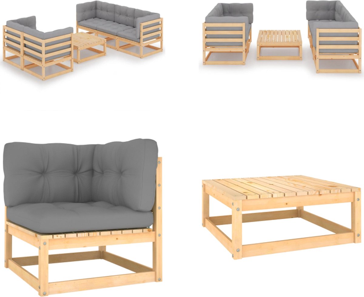 vidaXL 6-delige - Loungeset - met - kussens - massief - grenenhout Naturel