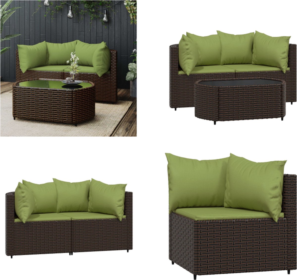 vidaXL 3-delige - Loungeset - met - kussens - poly - rattan - bruin