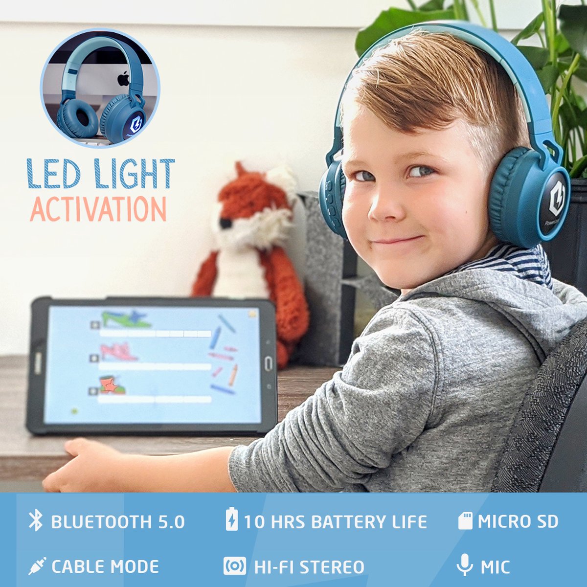 PowerLocus Buddy Draadloze On-Ear Koptelefoon voor Kinderen, LED lampjes, 85db Limiet, met Microfoon, Micro SD poort - Blauw — afbeelding 5