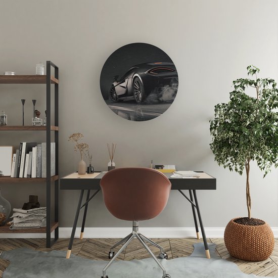Artaza Forex Muurcirkel Zwarte Sportwagen Auto Nabij Een Stad - 50x50 cm - Klein - Wandcirkel - Rond Schilderij - Muurdecoratie Cirkel