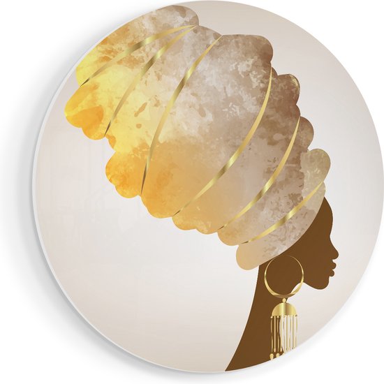 Artaza Forex Muurcirkel Afrikaanse Vrouw Met Gouden Tulband - 40x40 cm - Klein - Wandcirkel - Rond Schilderij - Wanddecoratie Cirkel