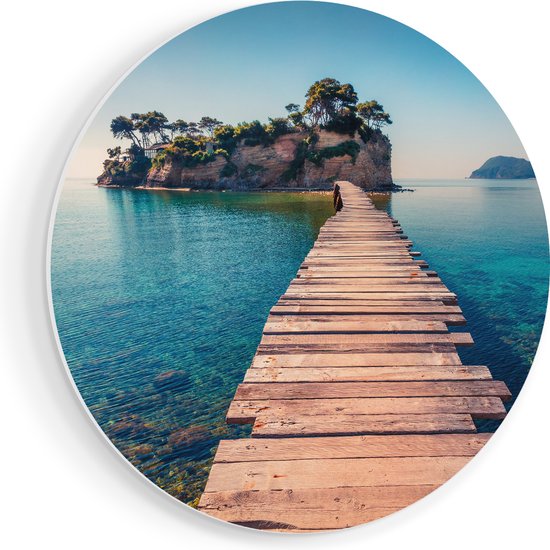 Artaza Forex Muurcirkel Pad Op Het Water Naar Een Grieks Eiland - 40x40 cm - Klein - Wandcirkel - Rond Schilderij - Wanddecoratie Cirkel