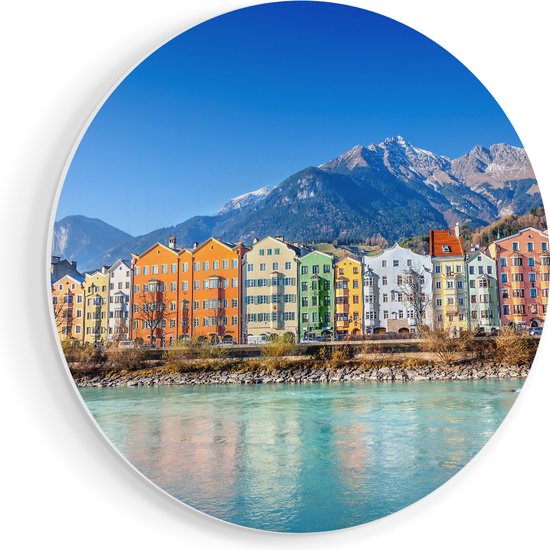 Artaza Forex Muurcirkel Gekleurde Huisjes in Innsbruck, Oostenrijk - 60x60 cm - Wandbord - Wandcirkel - Rond Schilderij - Wanddecoratie Cirkel