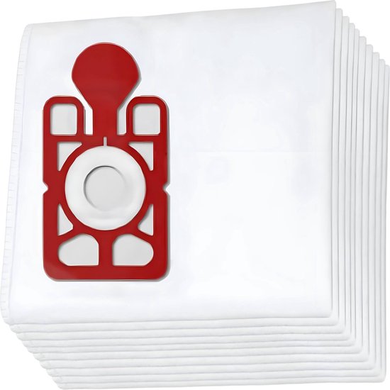 Een stapel witte stofzuigerzakken, met een rood kunststof bevestigingsstuk met het Numatic logo erop.
