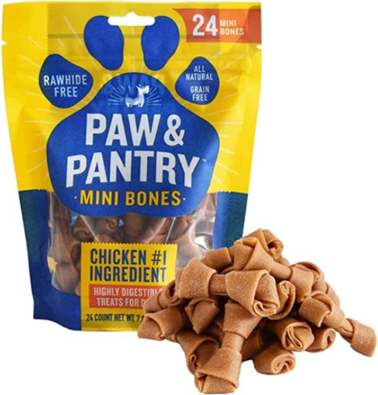 Paw & Pantry - Huidvrij mini kauwbot kip - Hondensnacks - 24 stuks - 6,5 cm - Kauwstaaf hond - Hondenbot - Kauwbotten hond – Hondensnack kip – Huidvrije kip snack – Honden snacks