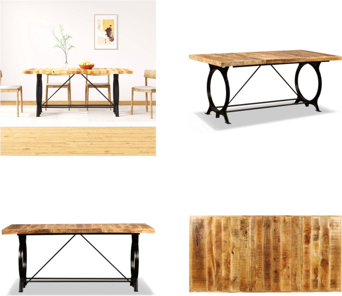 vidaXL Bank 160 cm - bruin met zwarte U-vormige stalen poten - massief ruw mangohouten zitting - industriële stijl voor hal/woonkamer
