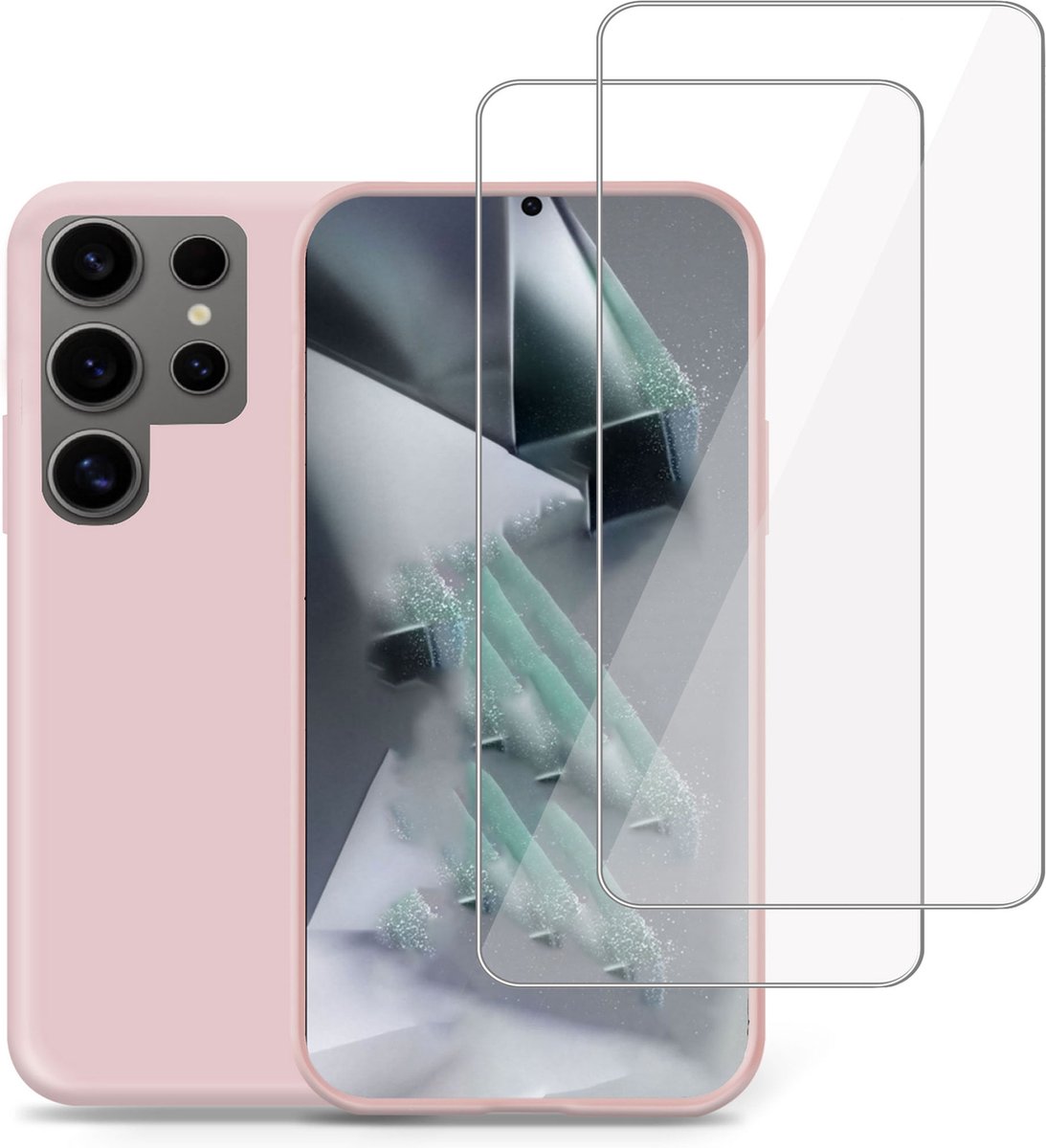Hoesje + Screenprotector geschikt voor Samsung Galaxy S24 Ultra – Full Screen Tempered Glass - Liquid Back Case Cover Rose