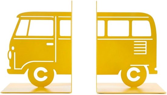 Boekensteun van kleur geel uit twee metalen onderdelen, een bestelwagen