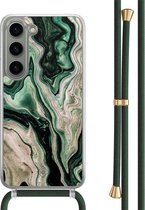 Casimoda® hoesje met groen koord - Geschikt voor Samsung S23 - Groen marmer / Marble - Afneembaar koord - TPU/polycarbonaat - Zwart