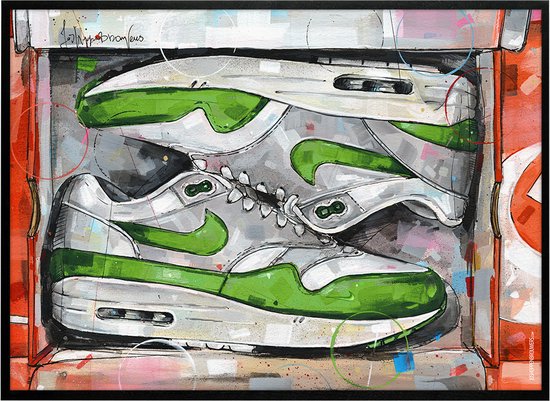 Sneaker print shoebox Patta green 71x51 cm *ingelijst & gesigneerd