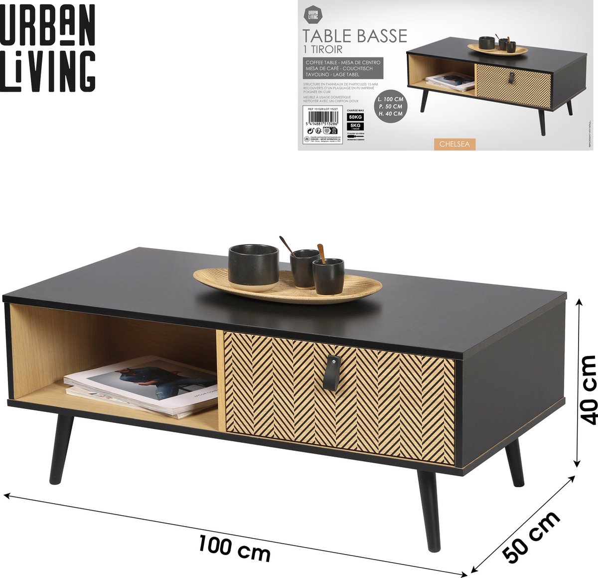 VERFRAAIDE SALONTAFEL MET HANDVATTEN MET LEDEREFFECT 100X50XH40CM