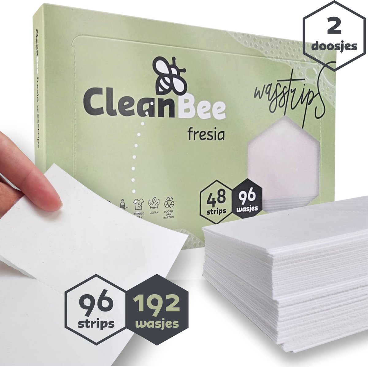 CleanBee® Wasstrips 192 Wasbeurten Fresia - Wasmiddeldoekjes - Wasstrips Proefpakket - Wasmiddel - Wasvellen - Detergent Sheets - Eco Laundry Strips - Plasticvrij - Biologisch - Eco Wasstrips