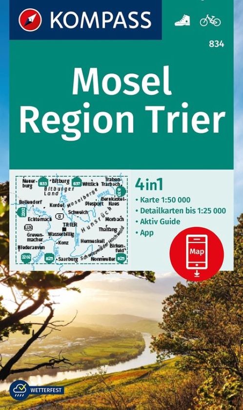 KOMPASS Wanderkarte 834 Mosel, Region Trier 1:50.000: 4in1 Wanderkarte mit Aktiv Guide und Detailkarten inklusive Karte zur offline Verwendung in der KOMPASS-App. Fahrradfahren