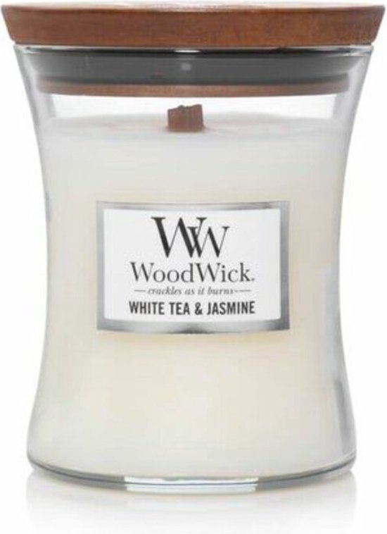 Woodwick Hourglass Medium Geurkaars - White Tea & Jasmine