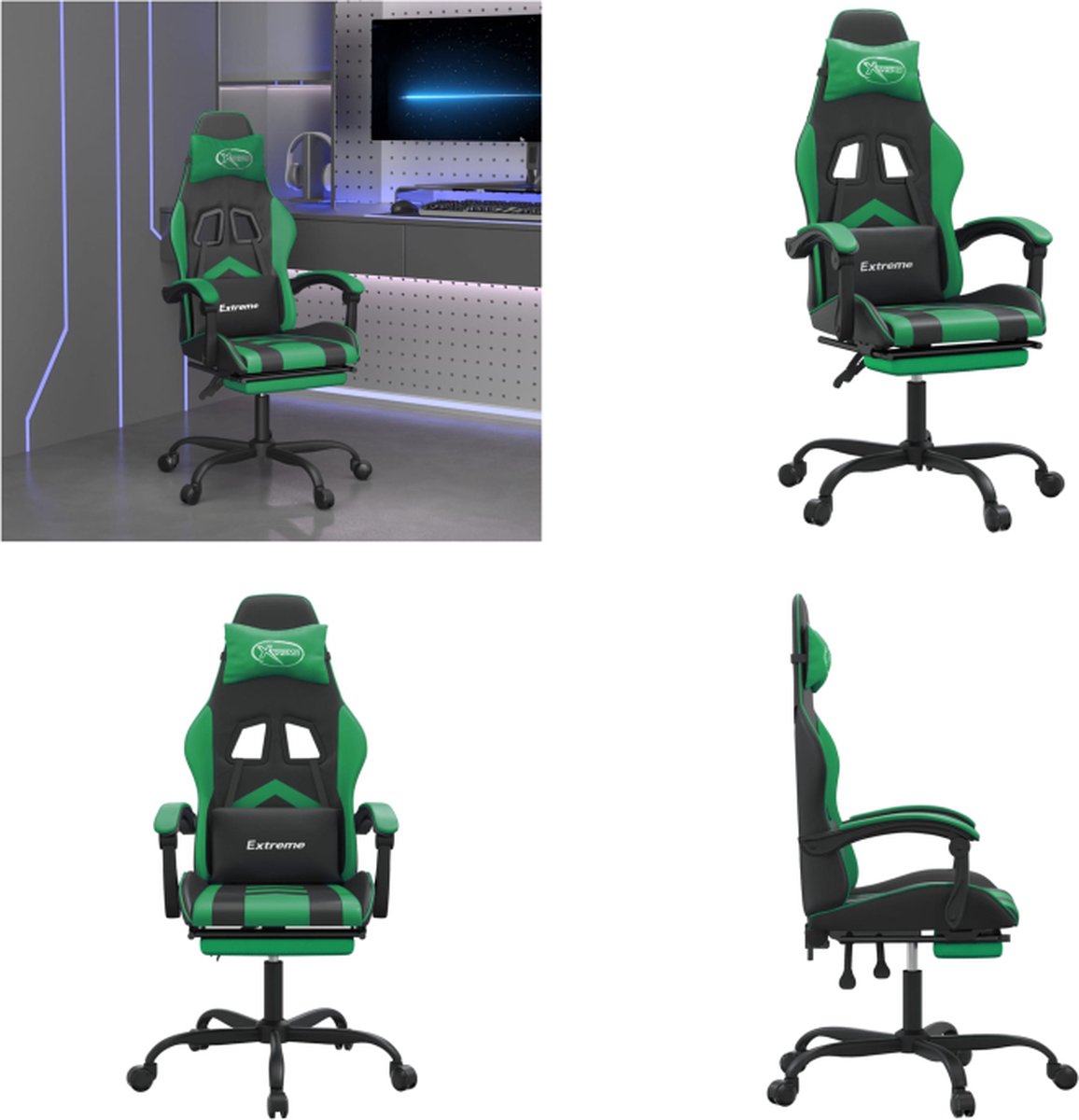 vidaXL Gamestoel draaibaar met voetensteun kunstleer zwart en groen - Gamingstoel - Gamingstoelen - Televisiestoel - Racingstoel