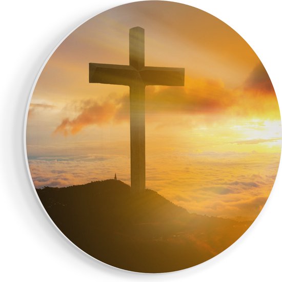 Artaza Forex Muurcirkel Kruis van Jezus Christus bij Zonsondergang - 90x90 cm - Groot - Wandcirkel - Rond Schilderij - Muurdecoratie Cirkel