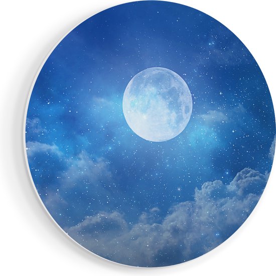 Artaza Forex Muurcirkel Volle Maan in de Blauwe Hemel met Sterren - 90x90 cm - Groot - Wandcirkel - Rond Schilderij - Muurdecoratie Cirkel