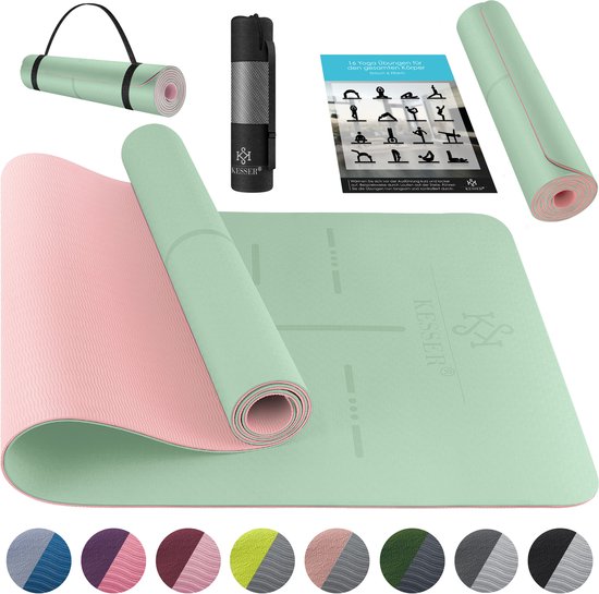 Tapis de gymnastique KESSER® avec sangle de transport, antidérapant, TPE, tapis de yoga, couvert et antidérapant, tapis de fitness, 183 x 61, tapis d'entraînement pour fitness, tapis de sport, pilates et gymnastique, entraînement extra épais