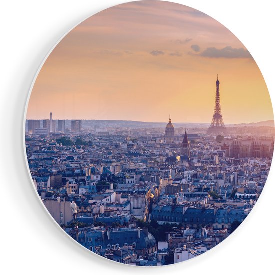 Artaza Forex Muurcirkel Skyline Van Parijs Tijdens Zonsondergang - 90x90 cm - Groot - Wandcirkel - Rond Schilderij - Muurdecoratie Cirkel