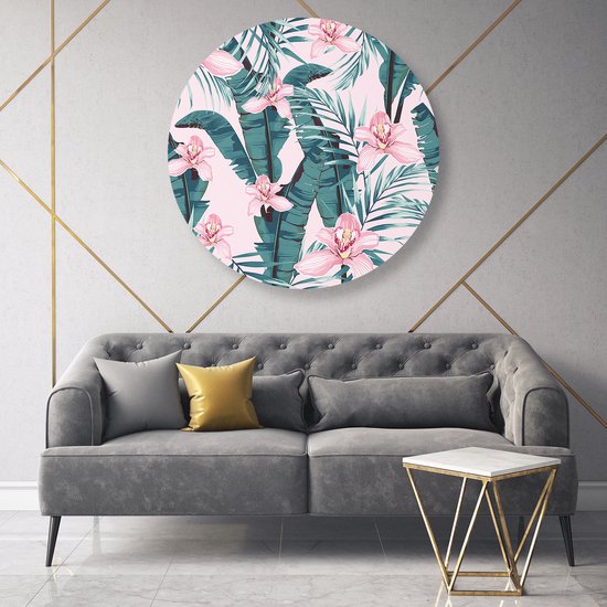 Cercle mural Artaza Forex Fleurs d'été roses tropicales avec feuilles - 90 x 90 cm - Groot - Cercle mural - Peinture ronde - Décoration murale