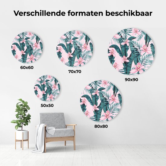 Cercle mural Artaza Forex Fleurs d'été roses tropicales avec feuilles - 90 x 90 cm - Groot - Cercle mural - Peinture ronde - Décoration murale