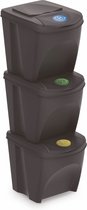 Afvalemmer met deksel, 25 liter, set van 3, antraciet, stapelbaar afvalscheidingssysteem, afvalsorteerder, scheidingssymuts, stapelbaar met klep