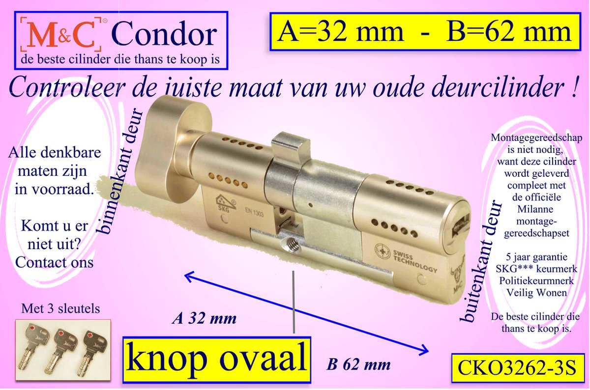 M&C Condor high security deurcilinder met Knop OVAAL 32x62 mm - SKG*** - Politiekeurmerk Veilig Wonen - inclusief gereedschap montageset