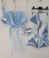 Meisjes 4 delige set kleding broek haarband zomer voorjaar girls maat 14/14Y top tasje wit blauw print